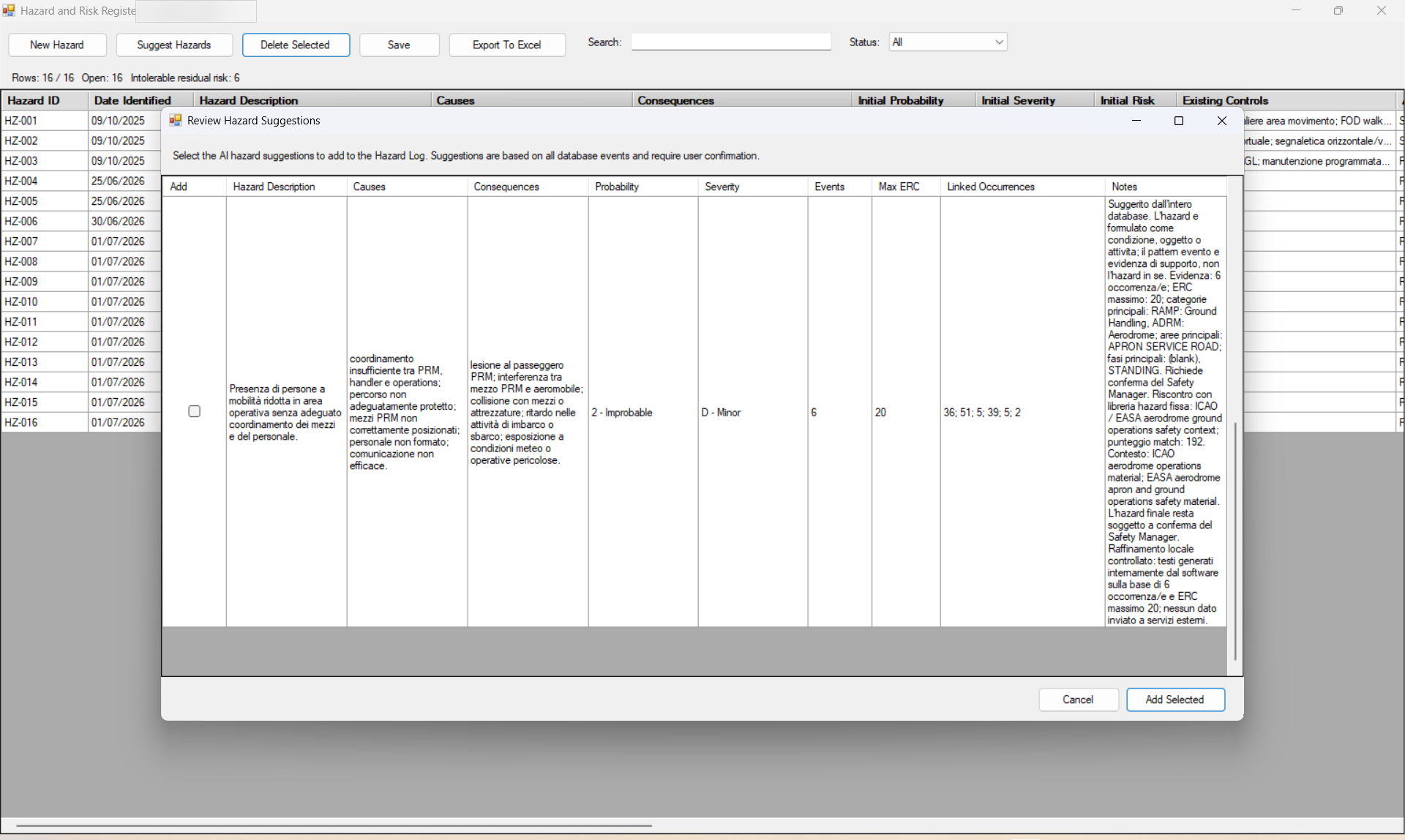 Proposte hazard generate dal database eventi con dati sensibili offuscati
