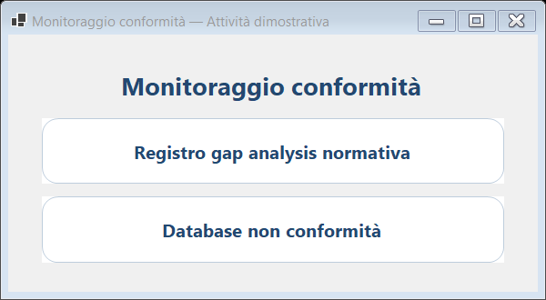 Schermata di accesso al registro gap analysis normativa e al database non conformità