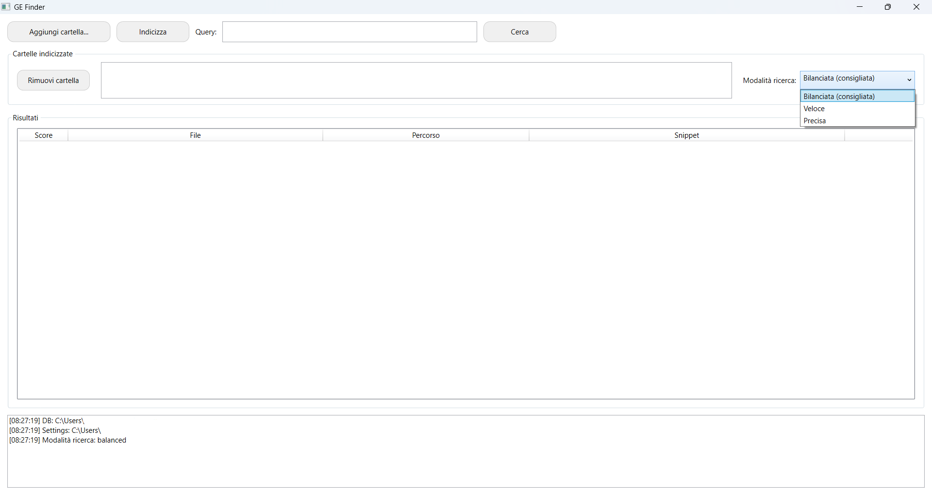 Interfaccia di ricerca e risultati di GE Finder