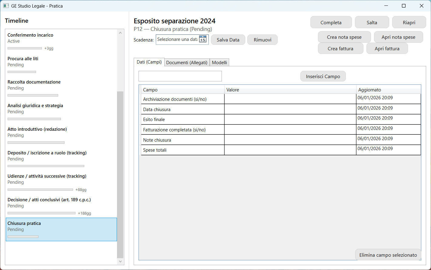 Chiusura pratica con nota spese e fattura