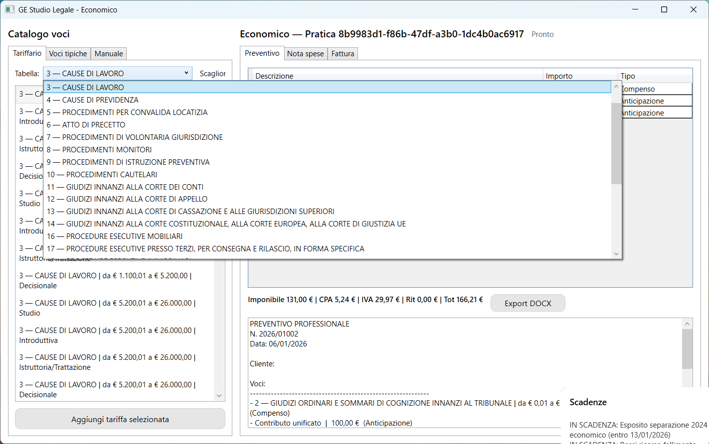 Economico: selezione tabelle e procedimenti