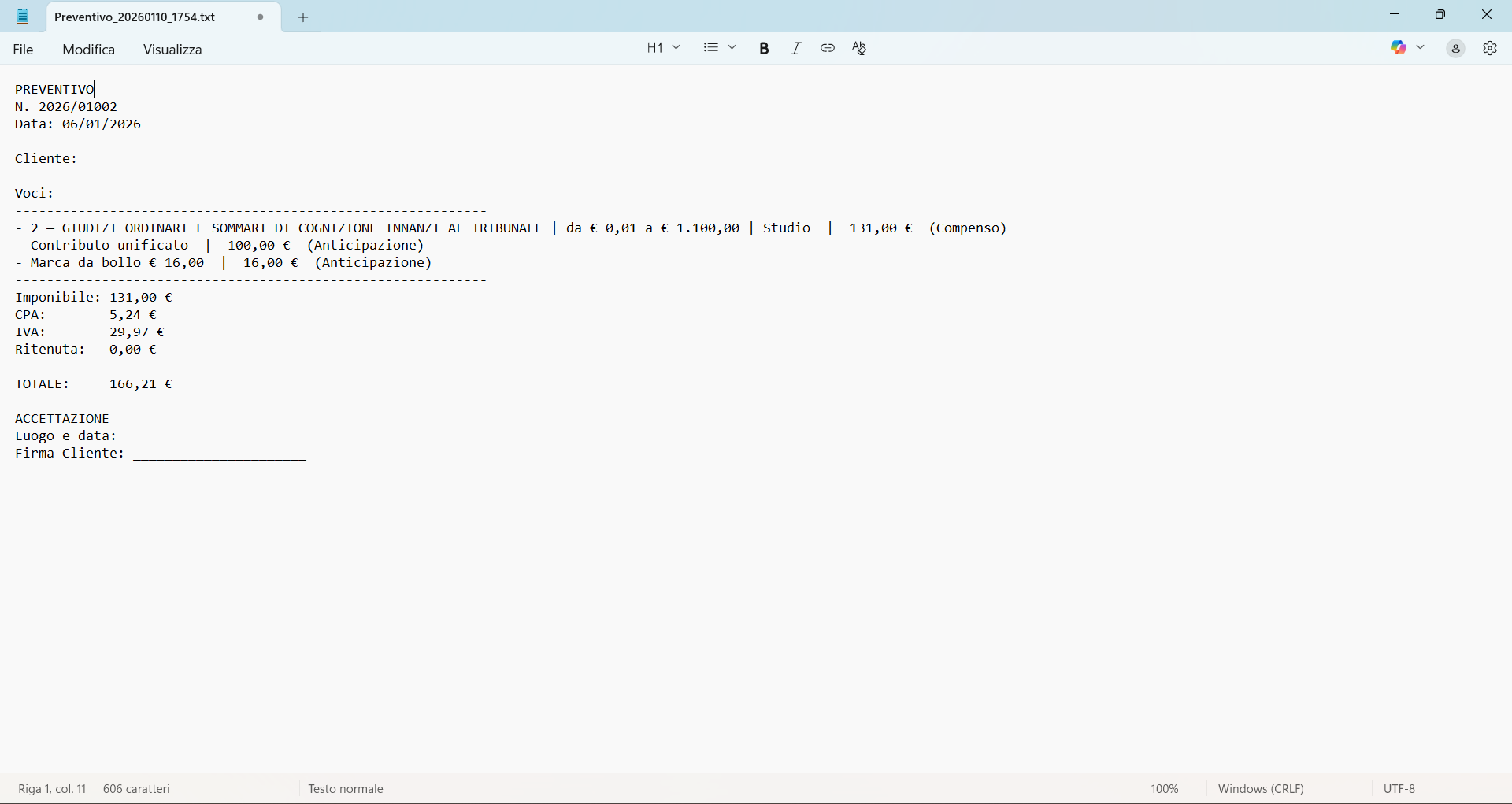 Export preventivo in formato DOCX
