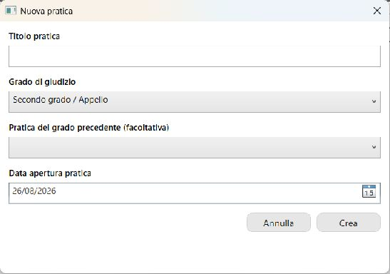 Creazione di una pratica con grado di giudizio e collegamento al grado precedente