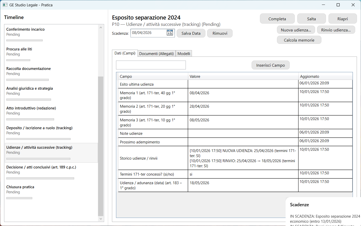 Timeline della pratica e gestione udienze